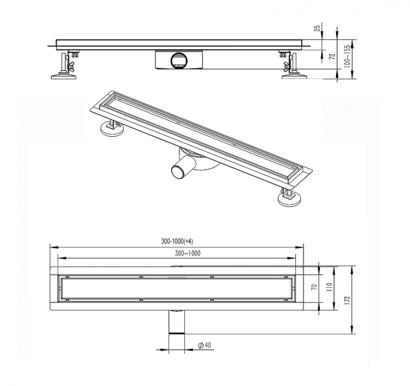 Водоотводящий металлический желоб AZARIO 360° 600 мм D40(50) под плитку