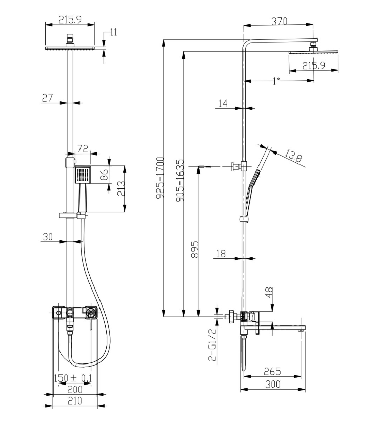 Смеситель для ванны с верх. душ. лейкой Троп дождь, LM7004CS 1-ф.лейка, пов.излив 300мм, хр